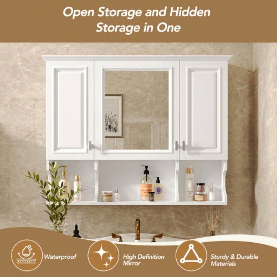 35x 28 Wall Mounted Bathroom Medicine Cabinet, Modern Bathroom Wall Cabinet with Mirror, Mirror Cabinet with Open Shelves