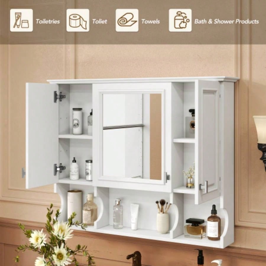 35x 28 Wall Mounted Bathroom Medicine Cabinet, Modern Bathroom Wall Cabinet with Mirror, Mirror Cabinet with Open Shelves