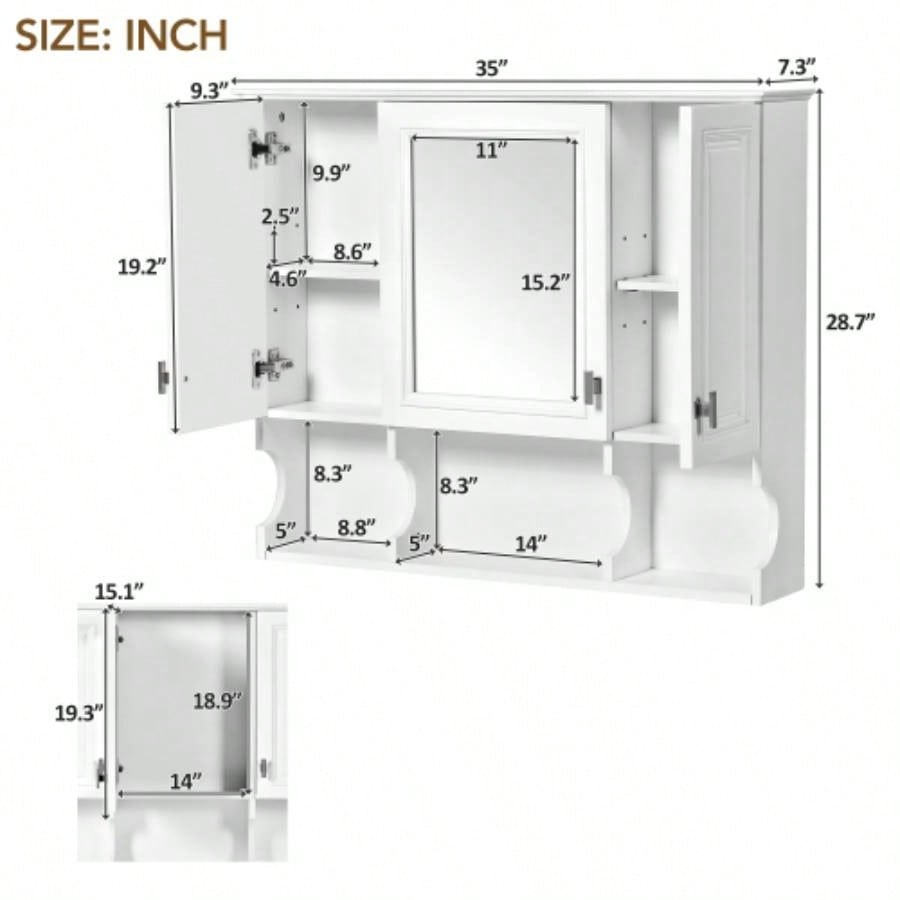 35x 28 Wall Mounted Bathroom Medicine Cabinet, Modern Bathroom Wall Cabinet with Mirror, Mirror Cabinet with Open Shelves