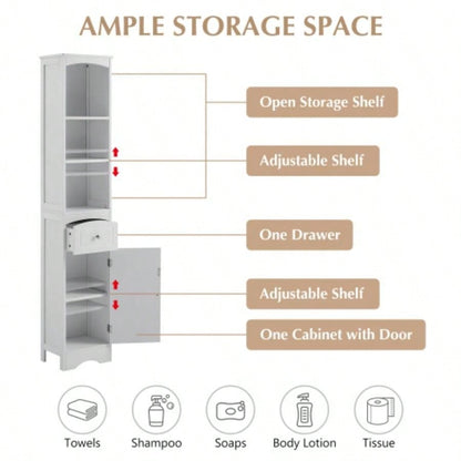 Tall Bathroom Cabinet, Freestanding Storage Cabinet with Drawer, MDF Board, Adjustable Shelf, White