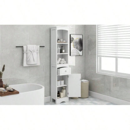Tall Bathroom Cabinet, Freestanding Storage Cabinet with Drawer, MDF Board, Adjustable Shelf, White
