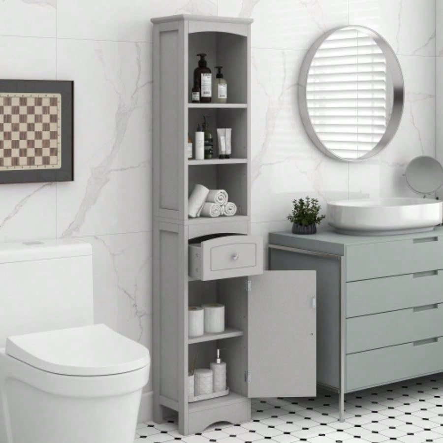 Tall Bathroom Cabinet, Freestanding Storage Cabinet with Drawer, MDF Board, Adjustable Shelf, White