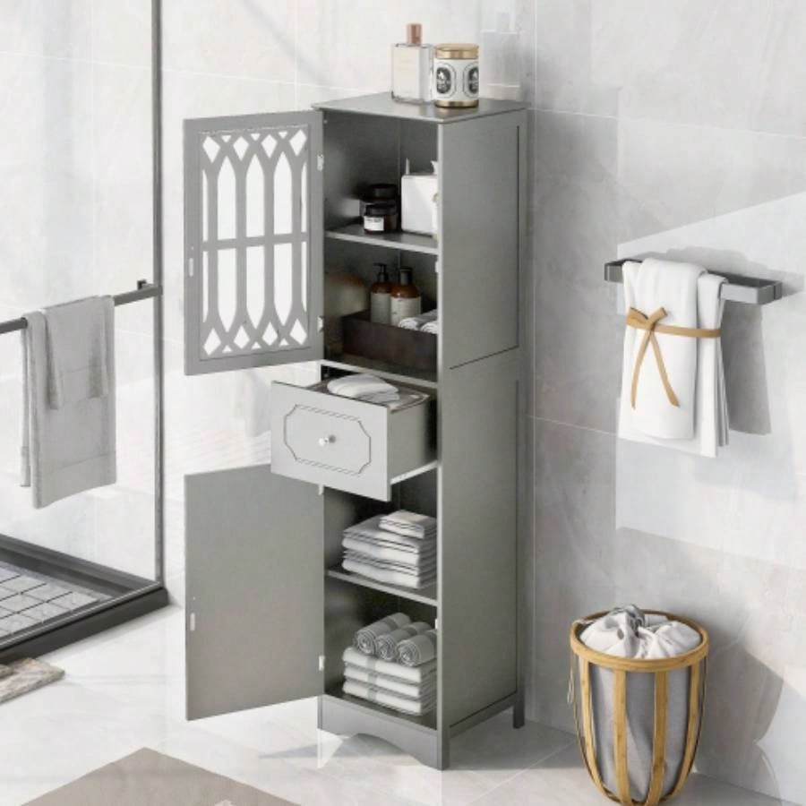 Tall Bathroom Cabinet, Freestanding Storage Cabinet with Drawer and Doors, MDF Board, Acrylic Door, Adjustable Shelf, White