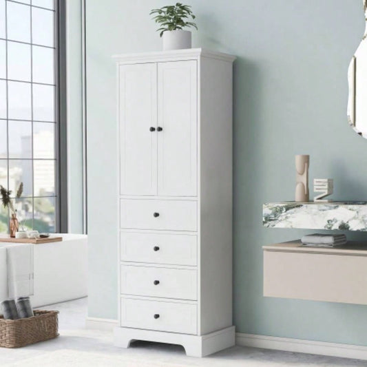 Storage Cabinet with 2 Doors and 4 Drawers Bathroom, Office, Adjustable Shelf, MDF Board with Painted, White