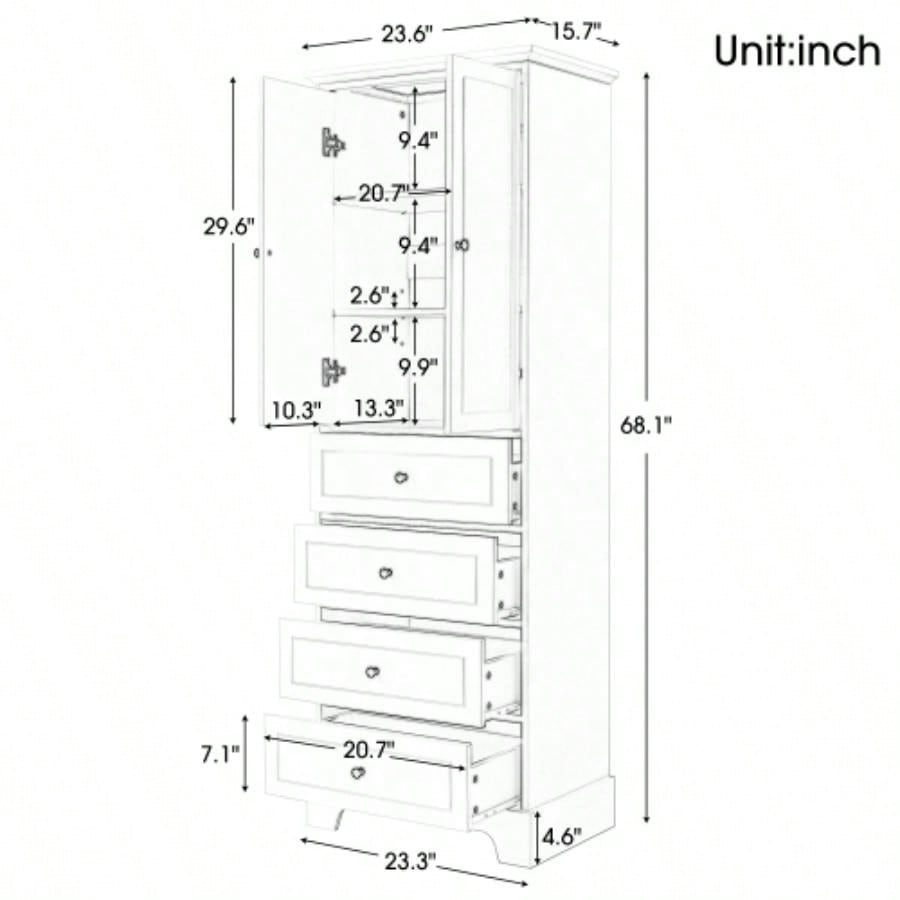 Storage Cabinet with 2 Doors and 4 Drawers Bathroom, Office, Adjustable Shelf, MDF Board with Painted, White