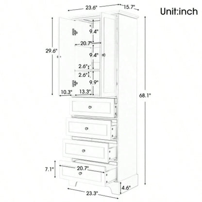 Storage Cabinet with 2 Doors and 4 Drawers Bathroom, Office, Adjustable Shelf, MDF Board with Painted, White