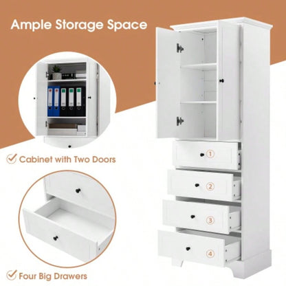 Storage Cabinet with 2 Doors and 4 Drawers Bathroom, Office, Adjustable Shelf, MDF Board with Painted, White