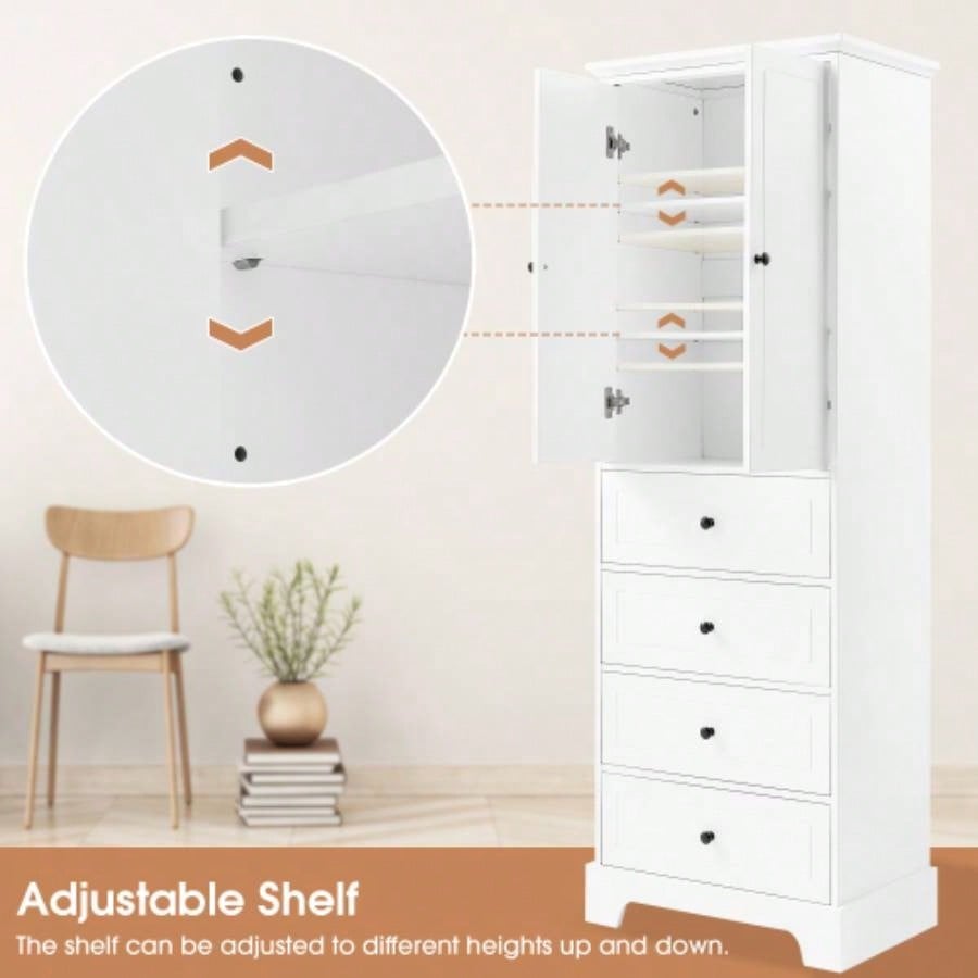 Storage Cabinet with 2 Doors and 4 Drawers Bathroom, Office, Adjustable Shelf, MDF Board with Painted, White