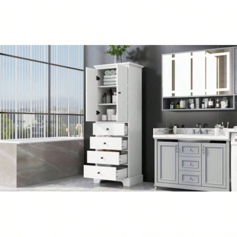 Storage Cabinet with 2 Doors and 4 Drawers Bathroom, Office, Adjustable Shelf, MDF Board with Painted, White