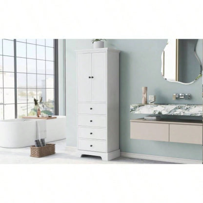 Storage Cabinet with 2 Doors and 4 Drawers Bathroom, Office, Adjustable Shelf, MDF Board with Painted, White