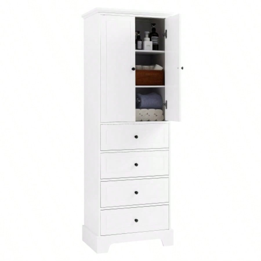 Storage Cabinet with 2 Doors and 4 Drawers Bathroom, Office, Adjustable Shelf, MDF Board with Painted, White