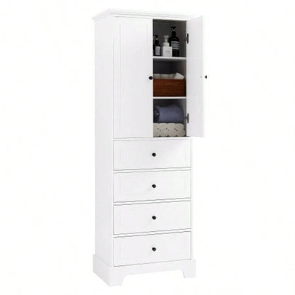 Storage Cabinet with 2 Doors and 4 Drawers Bathroom, Office, Adjustable Shelf, MDF Board with Painted, White