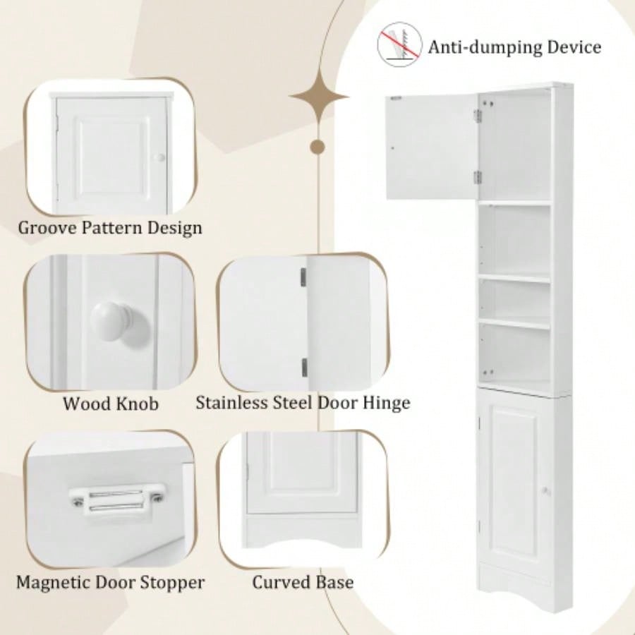 Multi - Functional Corner Cabinet Tall Bathroom Storage Cabinet with Two Doors and Adjustable Shelves, Open Shelf, WhiteOld Sku: WF294602AAK