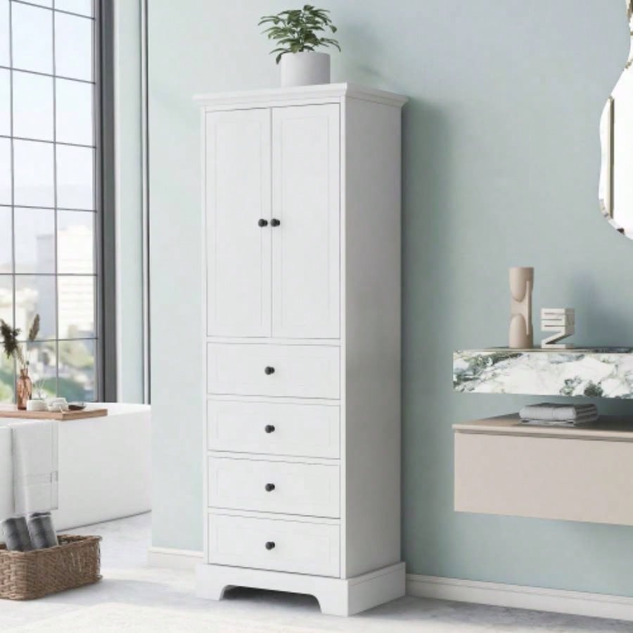 Storage Cabinet with 2 Doors and 4 Drawers Bathroom, Office, Adjustable Shelf, MDF Board with Painted, White