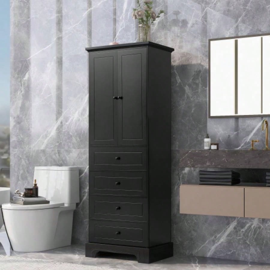 Storage Cabinet with 2 Doors and 4 Drawers Bathroom, Office, Adjustable Shelf, MDF Board with Painted, White