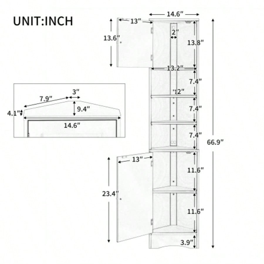 Multi - Functional Corner Cabinet Tall Bathroom Storage Cabinet with Two Doors and Adjustable Shelves, Open Shelf, WhiteOld Sku: WF294602AAK