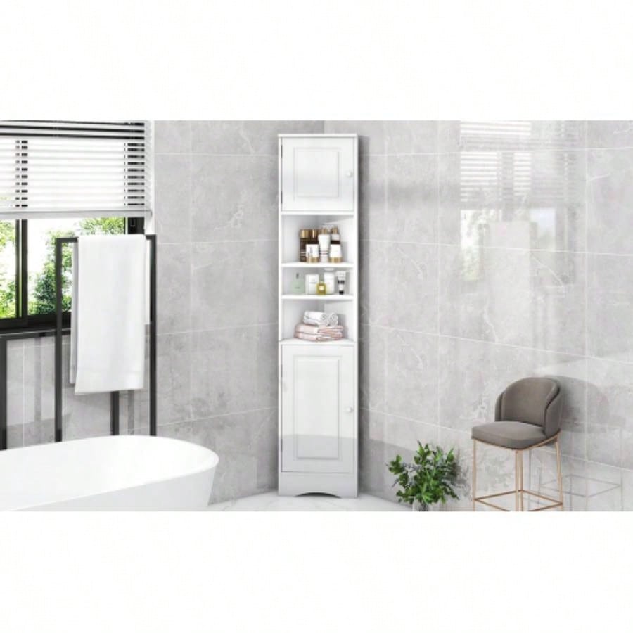 Multi - Functional Corner Cabinet Tall Bathroom Storage Cabinet with Two Doors and Adjustable Shelves, Open Shelf, WhiteOld Sku: WF294602AAK