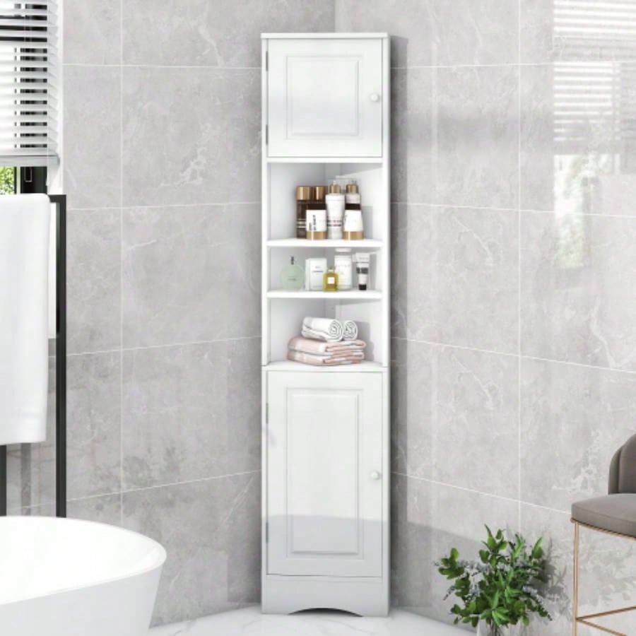 Multi - Functional Corner Cabinet Tall Bathroom Storage Cabinet with Two Doors and Adjustable Shelves, Open Shelf, WhiteOld Sku: WF294602AAK