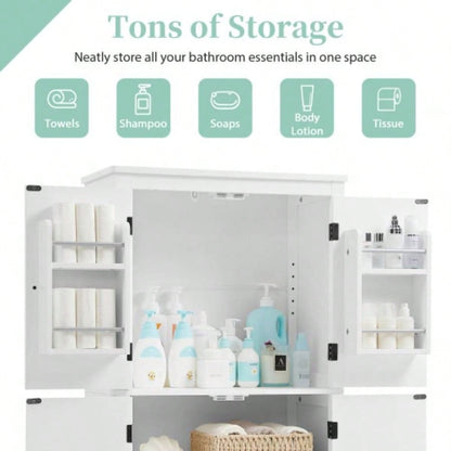 Elegant Bathroom Floor Storage Cabinet, Bathroom Storage Unit, Freestanding Cabinet with 4 Doors, Adjustable Shelves, Adaptable Shelves, White