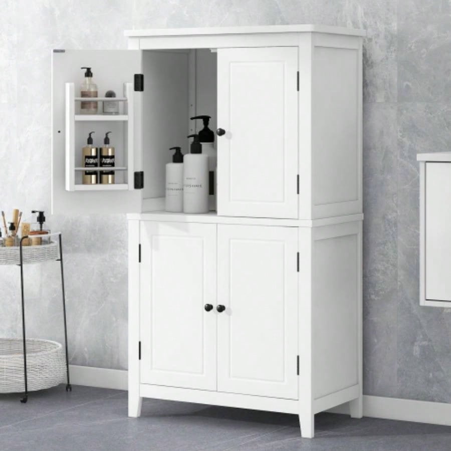 Elegant Bathroom Floor Storage Cabinet, Bathroom Storage Unit, Freestanding Cabinet with 4 Doors, Adjustable Shelves, Adaptable Shelves, Black