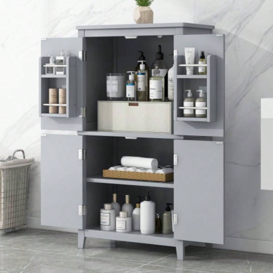Elegant Bathroom Floor Storage Cabinet, Bathroom Storage Unit, Freestanding Cabinet with 4 Doors, Adjustable Shelves, Adaptable Shelves, Black