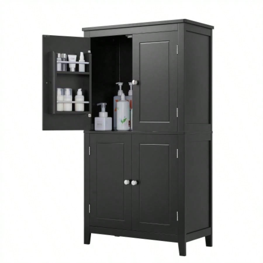 Elegant Bathroom Floor Storage Cabinet, Bathroom Storage Unit, Freestanding Cabinet with 4 Doors, Adjustable Shelves, Adaptable Shelves, Black