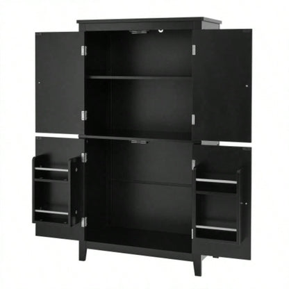 Elegant Bathroom Floor Storage Cabinet, Bathroom Storage Unit, Freestanding Cabinet with 4 Doors, Adjustable Shelves, Adaptable Shelves, Black