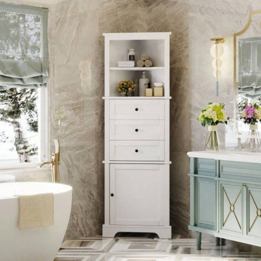 White Tall Cabinet with 3 Drawers and Adjustable Shelves Bathroom, Kitchen or Living Room, MDF Board with Painted Old SKU: WF298150AAK