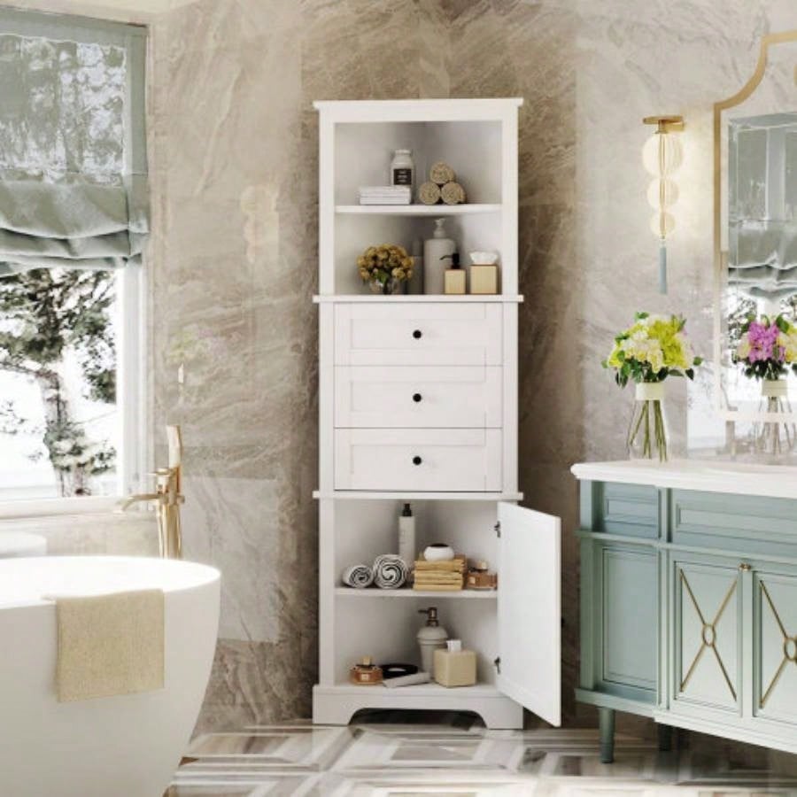 White Tall Cabinet with 3 Drawers and Adjustable Shelves Bathroom, Kitchen or Living Room, MDF Board with Painted Old SKU: WF298150AAK