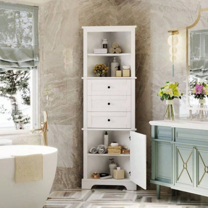 White Tall Cabinet with 3 Drawers and Adjustable Shelves Bathroom, Kitchen or Living Room, MDF Board with Painted Old SKU: WF298150AAK