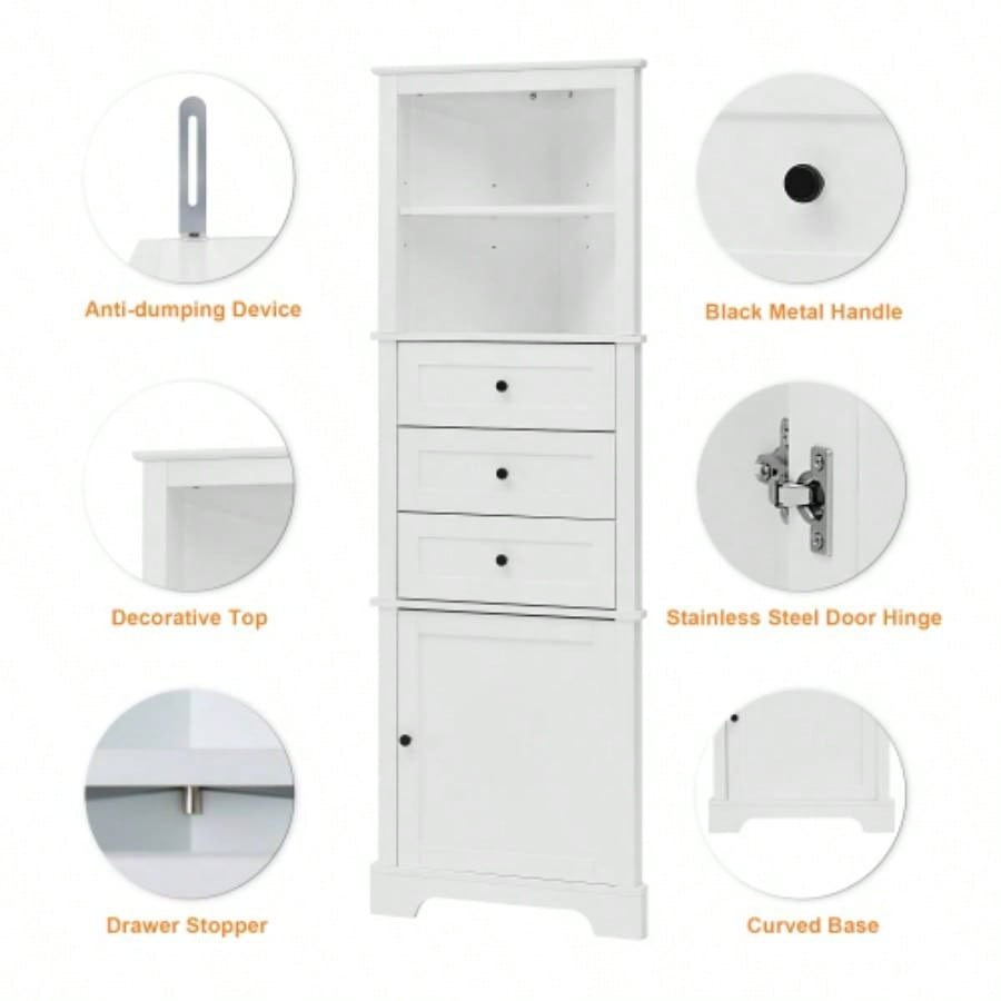 White Tall Cabinet with 3 Drawers and Adjustable Shelves Bathroom, Kitchen or Living Room, MDF Board with Painted Old SKU: WF298150AAK