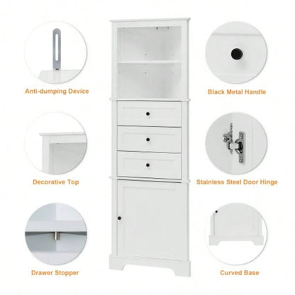 White Tall Cabinet with 3 Drawers and Adjustable Shelves Bathroom, Kitchen or Living Room, MDF Board with Painted Old SKU: WF298150AAK