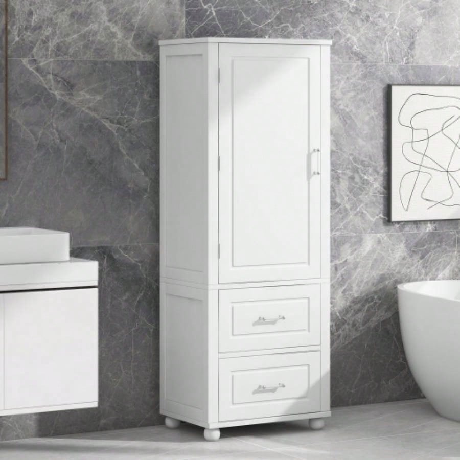 Tall Bathroom Storage Cabinet, Freestanding Storage Cabinet with Two Drawers and Adjustable Shelf, MDF Board with Painted, White Old Sku: WF312728AAK