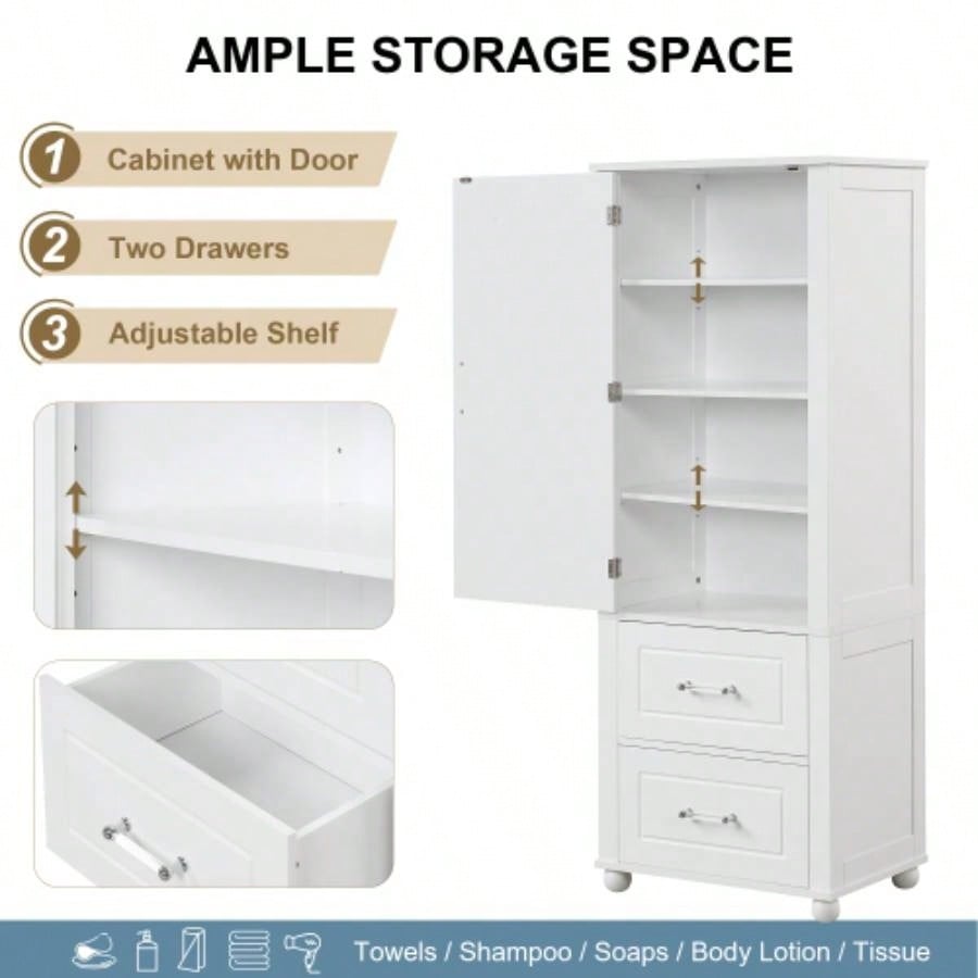 Tall Bathroom Storage Cabinet, Freestanding Storage Cabinet with Two Drawers and Adjustable Shelf, MDF Board with Painted, White Old Sku: WF312728AAK