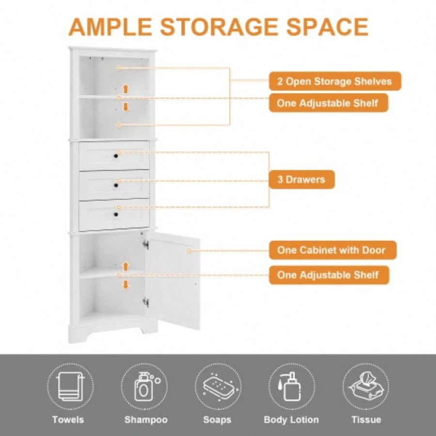 White Tall Cabinet with 3 Drawers and Adjustable Shelves Bathroom, Kitchen or Living Room, MDF Board with Painted Old SKU: WF298150AAK