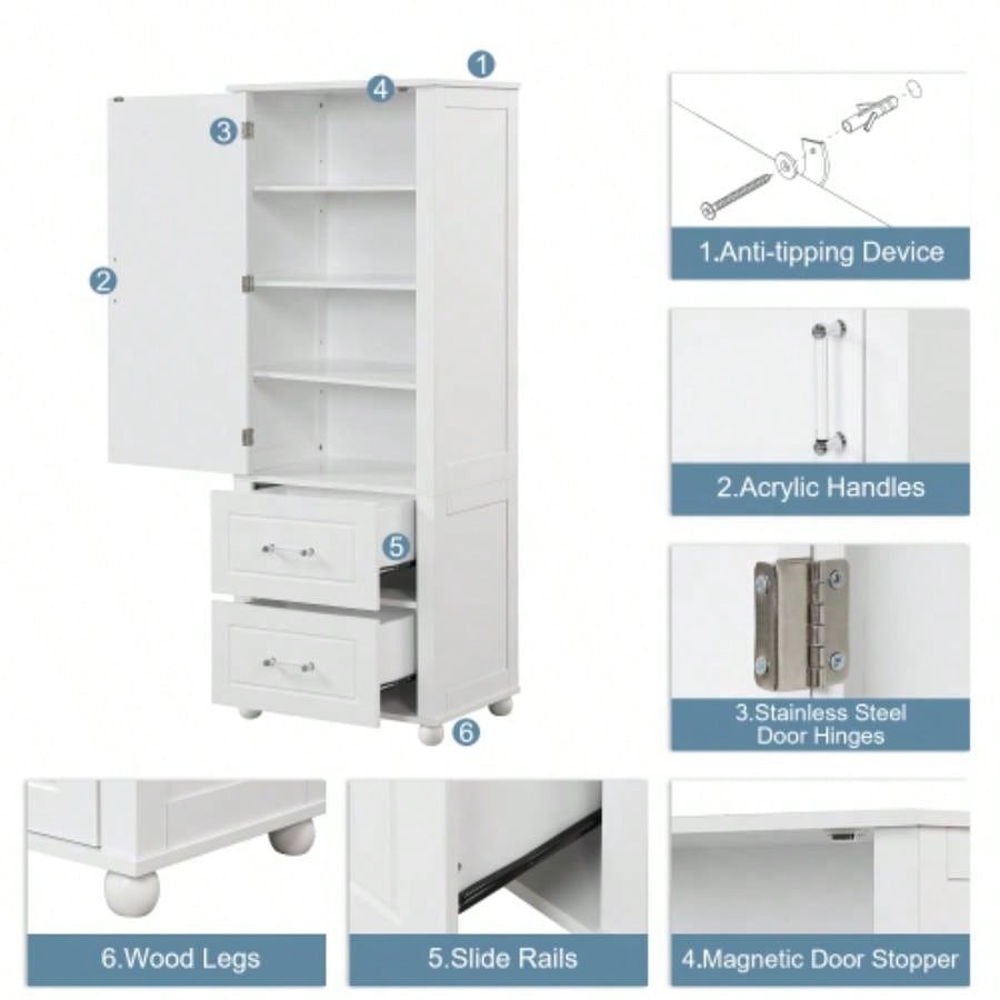 Tall Bathroom Storage Cabinet, Freestanding Storage Cabinet with Two Drawers and Adjustable Shelf, MDF Board with Painted, White Old Sku: WF312728AAK