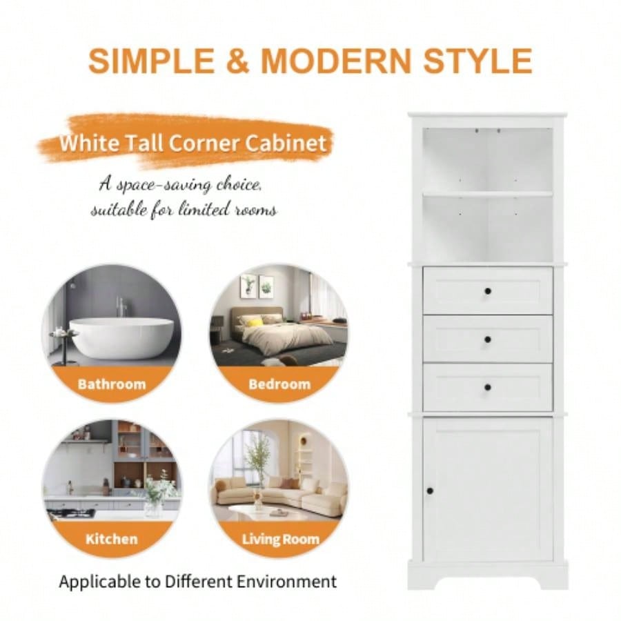 White Tall Cabinet with 3 Drawers and Adjustable Shelves Bathroom, Kitchen or Living Room, MDF Board with Painted Old SKU: WF298150AAK