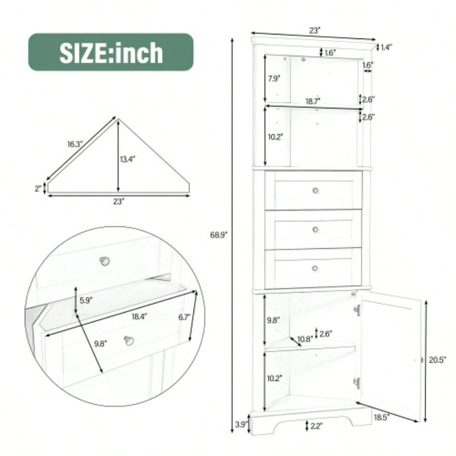 White Tall Cabinet with 3 Drawers and Adjustable Shelves Bathroom, Kitchen or Living Room, MDF Board with Painted Old SKU: WF298150AAK