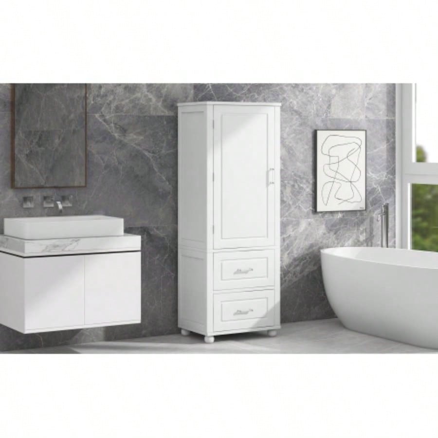 Tall Bathroom Storage Cabinet, Freestanding Storage Cabinet with Two Drawers and Adjustable Shelf, MDF Board with Painted, White Old Sku: WF312728AAK