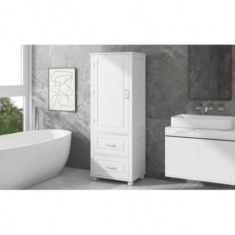 Tall Bathroom Storage Cabinet, Freestanding Storage Cabinet with Two Drawers and Adjustable Shelf, MDF Board with Painted, White Old Sku: WF312728AAK