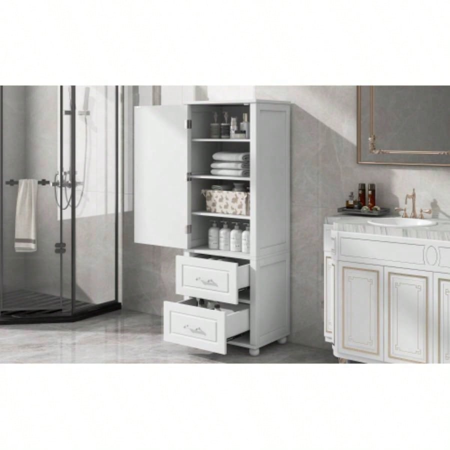 Tall Bathroom Storage Cabinet, Freestanding Storage Cabinet with Two Drawers and Adjustable Shelf, MDF Board with Painted, White Old Sku: WF312728AAK