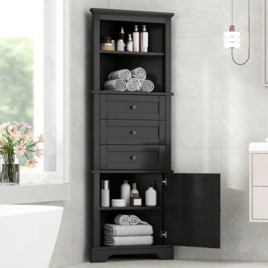 White Tall Cabinet with 3 Drawers and Adjustable Shelves Bathroom, Kitchen or Living Room, MDF Board with Painted Old SKU: WF298150AAK
