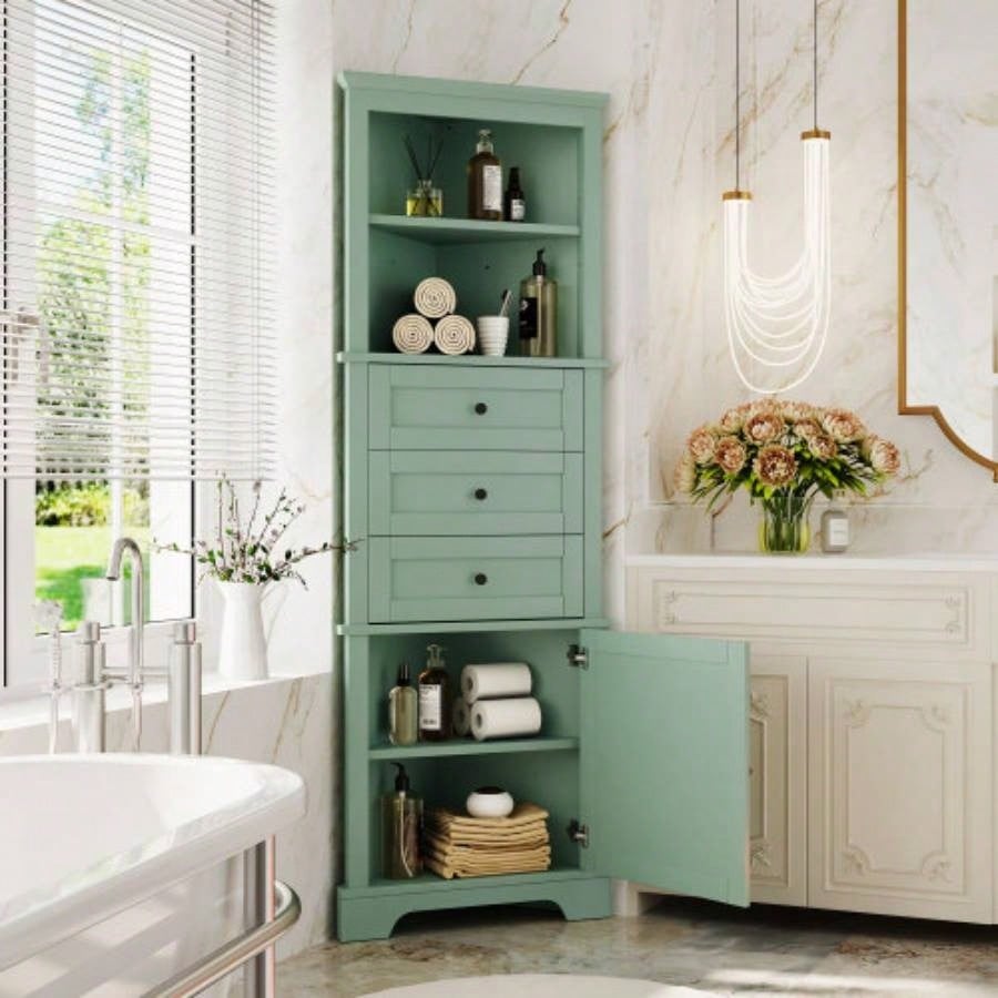 White Tall Cabinet with 3 Drawers and Adjustable Shelves Bathroom, Kitchen or Living Room, MDF Board with Painted Old SKU: WF298150AAK
