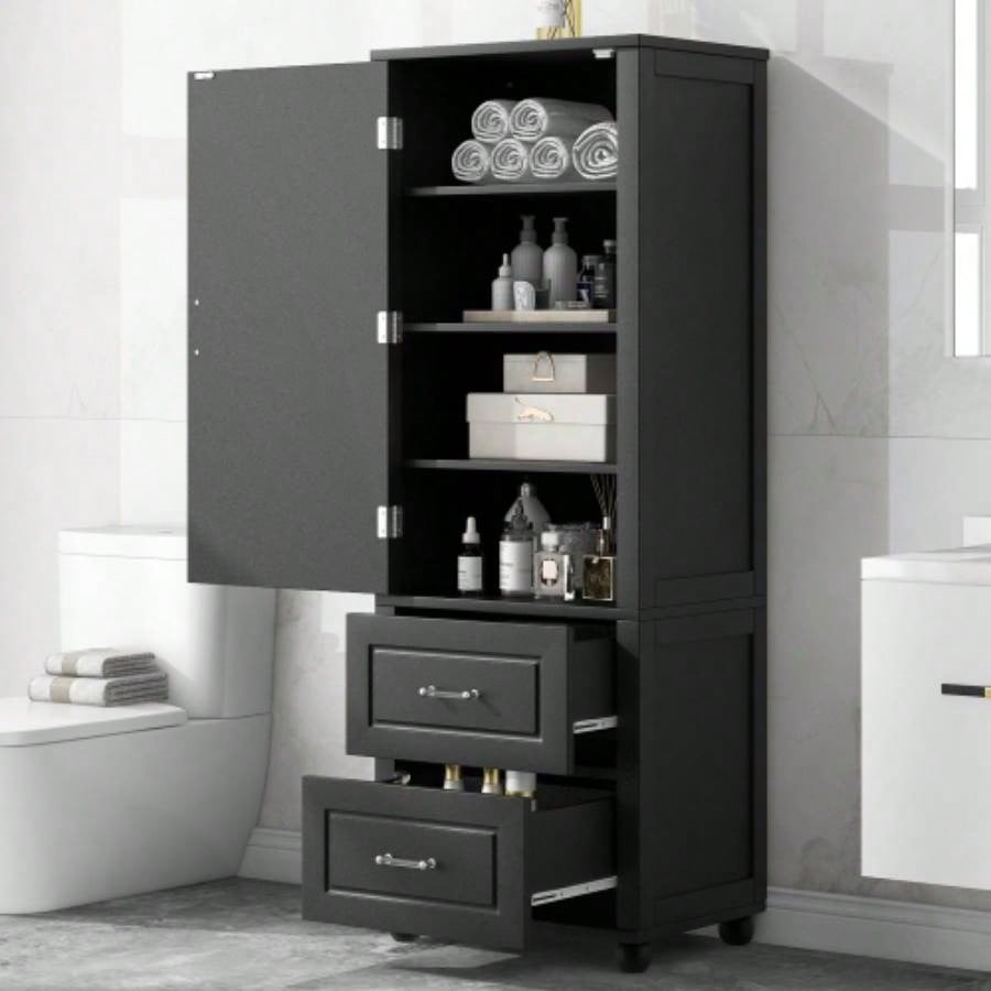 Tall Bathroom Storage Cabinet, Freestanding Storage Cabinet with Two Drawers and Adjustable Shelf, MDF Board with Painted, White Old Sku: WF312728AAK