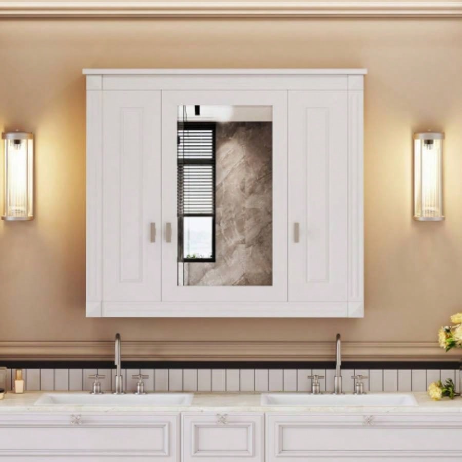 Bathroom Wall Cabinet with Mirror, Wall Mounted Medicine Cabinet with 4 Shelves, Mirrored Door Over Toilet Storage Cabinet, White