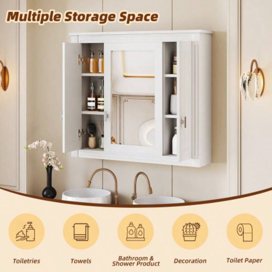 Bathroom Wall Cabinet with Mirror, Wall Mounted Medicine Cabinet with 4 Shelves, Mirrored Door Over Toilet Storage Cabinet, White