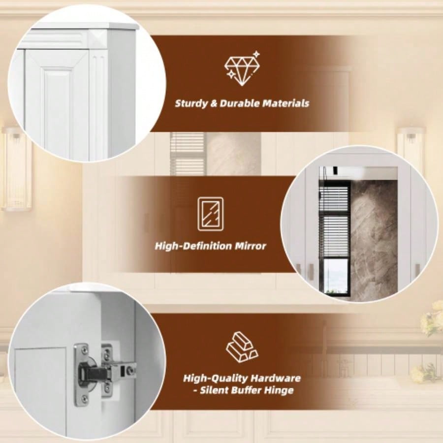 Bathroom Wall Cabinet with Mirror, Wall Mounted Medicine Cabinet with 4 Shelves, Mirrored Door Over Toilet Storage Cabinet, White