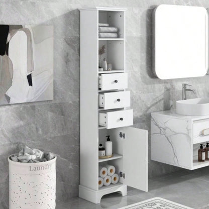 White Tall Bathroom Cabinet, Freestanding Storage Cabinet with 3 Drawers and Adjustable Shelf, MDF Board with Painted