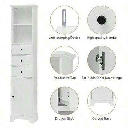 White Tall Bathroom Cabinet, Freestanding Storage Cabinet with 3 Drawers and Adjustable Shelf, MDF Board with Painted