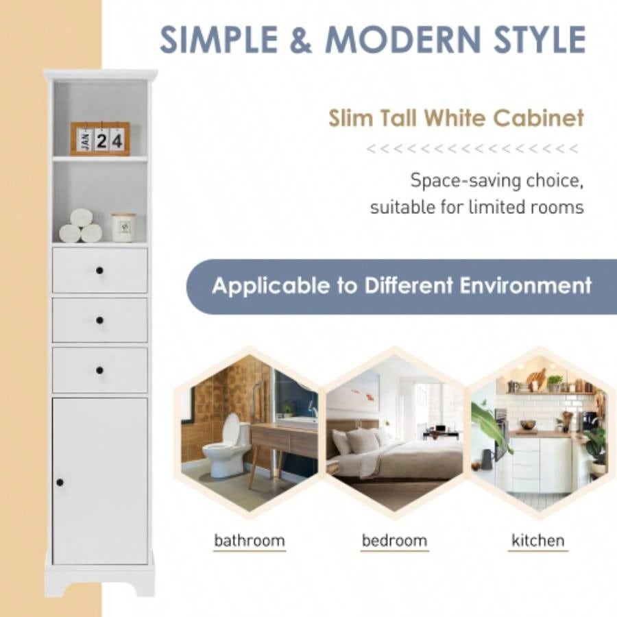 White Tall Bathroom Cabinet, Freestanding Storage Cabinet with 3 Drawers and Adjustable Shelf, MDF Board with Painted